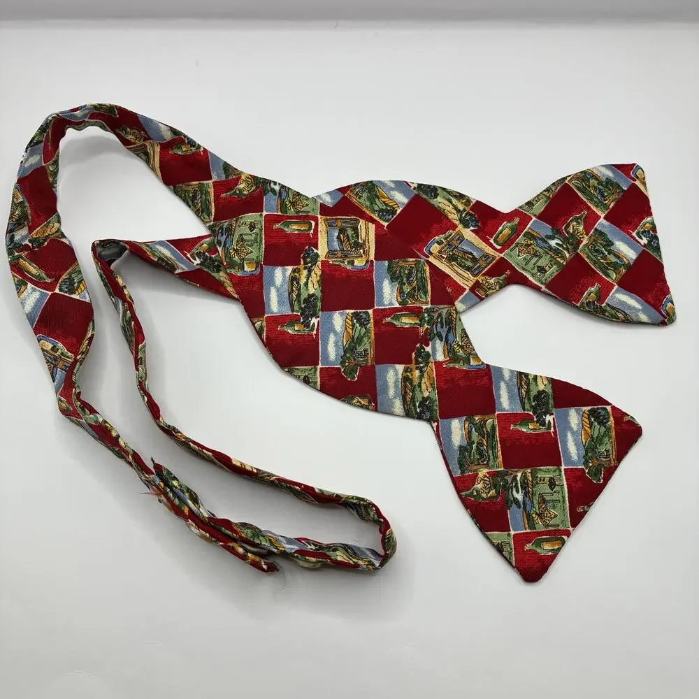Vintage Carrot & Gibbs Red Wine Italian Vineyard Print Bow Tie Button Back